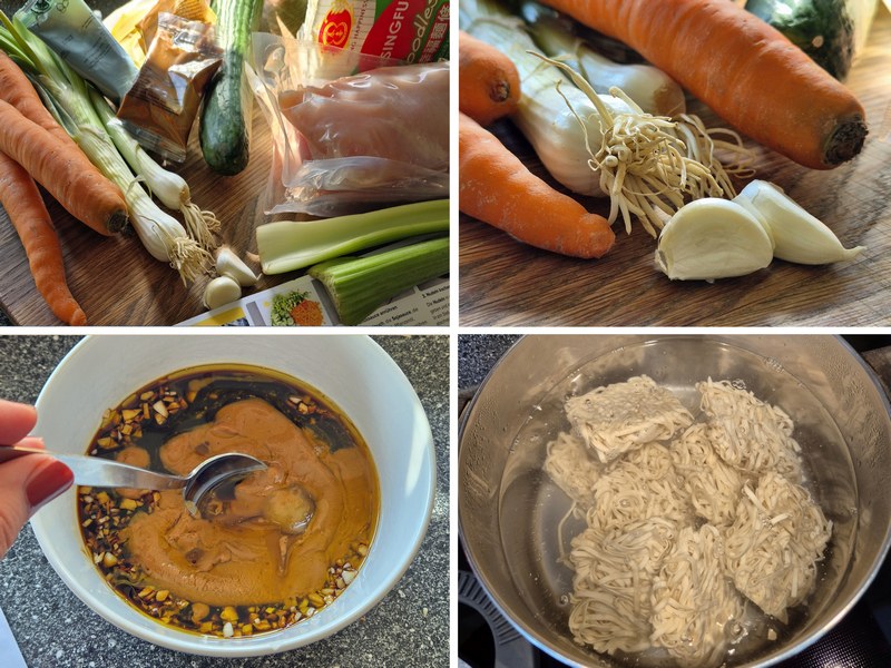Breite Mie-Nudeln mit gebratenem Hähnchen in cremiger Erdnusssauce